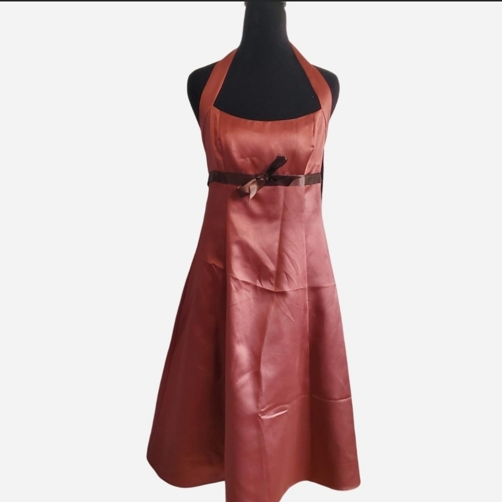 Vintage Y2K Halter Babydoll Dress Satin Brown w/ Bow Size 7/8 Retro Prom Formal - Picture 1 of 16